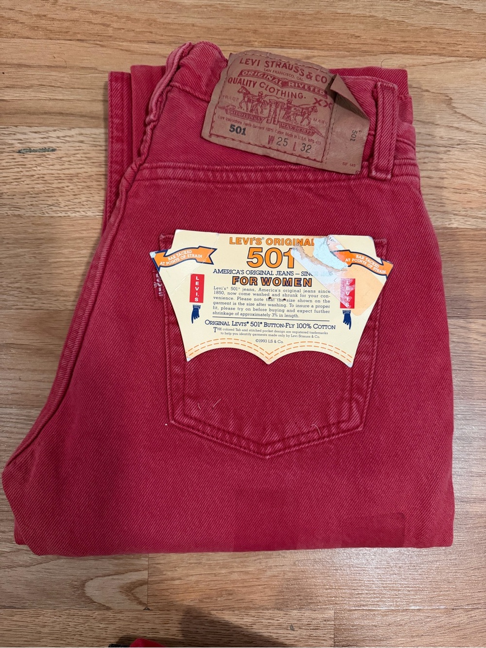 Vintage 1990s Levi’s 501 red button fly jeans W25 L32 Made in USA Deadstock NWT
